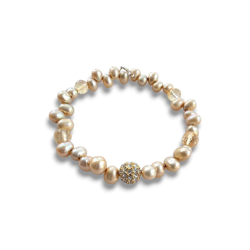 Handmade natural pearl bracelet Sterling Silver 925 Crystal Champagne Gold New
